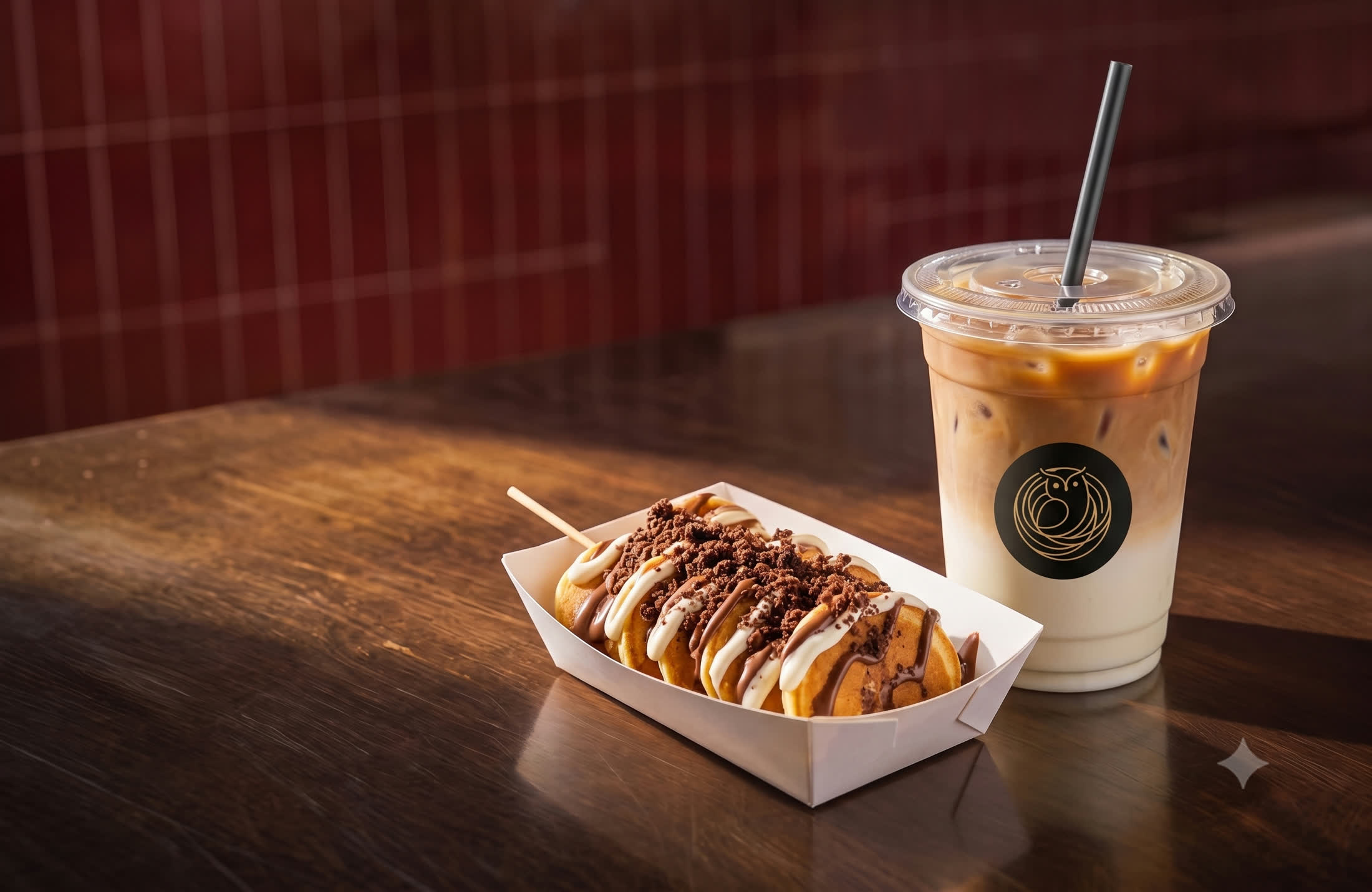 Iced latte and a Pengkek pancake stick, drizzled and topped, on Sarang's dark wood counter